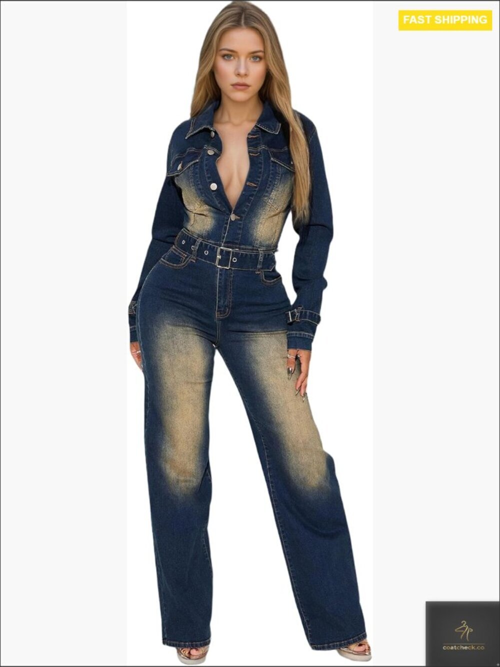 Denim Jumpsuit Slim Fit Button Down Lapel Pockets Casual Chic Modern
